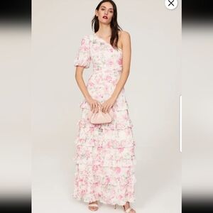 133 Social Vintage Floral Pink One Shoulder Ruffle Gown Size 0